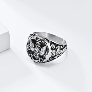 Vintage stainless steel signet ring with double-headed eagle and Ankh cross symbols