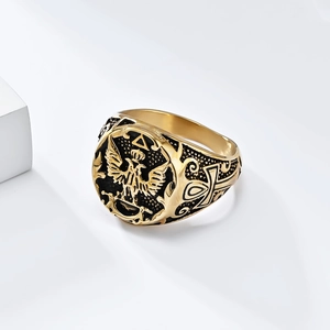 Vintage gold double-headed eagle stainless steel ring featuring Ankh cross and embossed crest