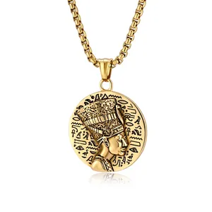 Collana Con Ciondolo a Moneta Ritratto Regina Nefertiti Antico Egitto in Acciaio Inossidabile Gioielli Retrò Per Uomo Donna
