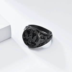 Vintage black stainless steel ring featuring double-headed eagle and ankh cross symbols