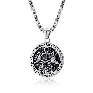 Silver stainless steel Egyptian necklace featuring Horus Eye and Anubis on circular pendant