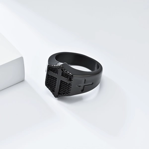 Vintage black stainless steel cross ring with shield design for men in gothic style