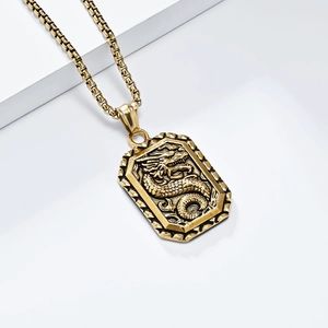 Gouden draak reliëf rechthoekige hanger ketting met box ketting voor heren mode