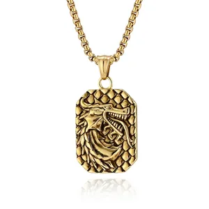 Vintage Stainless Steel Dragon Head Relief Rectangular Tag Pendant Necklace With Box Chain For Men Retro Hip Hop Jewelry