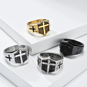Vintage stainless steel cross shield rings for men in gold silver black and antique finish