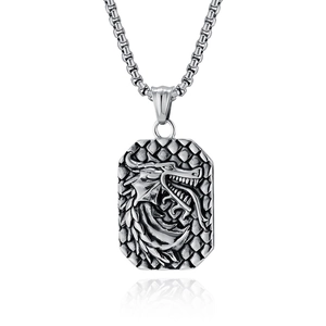 Vintage dragon relief pendant necklace in silver stainless steel with box chain