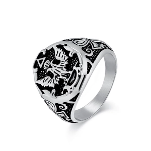 Vintage stainless steel eagle signet ring for men with Gothic engraving and black finish