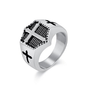 Vintage stainless steel cross shield ring for men with retro black embossed details