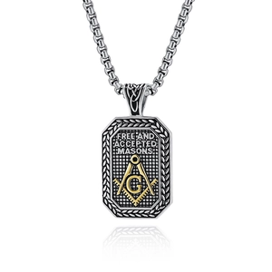 Männer Edelstahl Freimaurer Anhänger Halskette mit goldenem G-Symbol und Ährenrelief