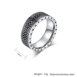Detail view of 8mm stainless steel Viking ring with Celtic knots and Nordic runes