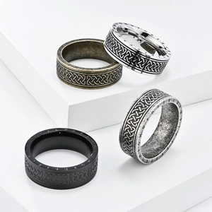 Vintage Viking Rune rings in steel with Celtic knots and Nordic relief patterns