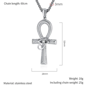 Dettaglio della collana croce Ankh con ciondolo Occhio di Horus con dimensioni e materiali
