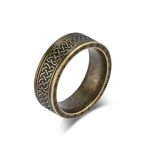Vintage Nordic Viking stainless steel ring with Celtic knot and Runic script carvings