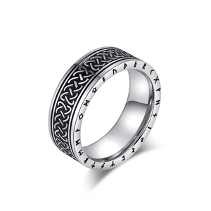 Vintage silver Viking ring with Nordic runes and Celtic knot pattern for men