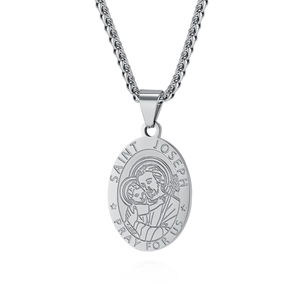 Stainless Steel Saint Joseph Medallion Pendant Necklace For Men Women Religious Prayer Jewelry Medallion Wheat Box Chain Accessory