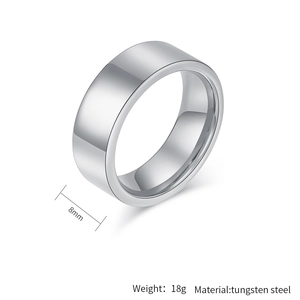Detail view of 8mm wide polished tungsten steel wedding band with size and weight specs