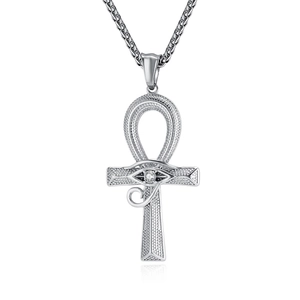 Pendente croce Ankh d'argento con occhio di Horus e zircone su catena a spiga
