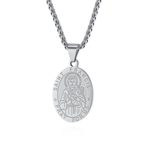 Collana con ciondolo religioso San Francesco in acciaio inossidabile argento e catena