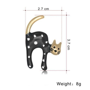Cute cartoon black cat enamel brooch with white polka dots and gold accents, 3.7cm height