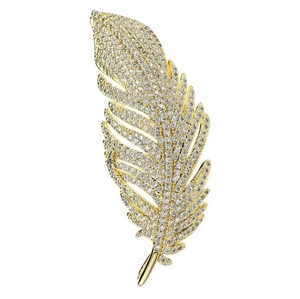 Elegant gold feather brooch with sparkling cubic zirconia crystals for suit accessories