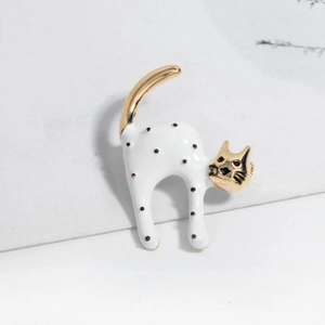 Cute cartoon white enamel cat brooch with black polka dots and shiny gold finish