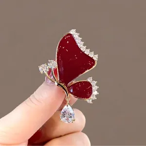 Elegant Butterfly Brooch For Women Gold Plastic Base With Red Enamel And Rhinestones Fashion Accessory Pin For Coats