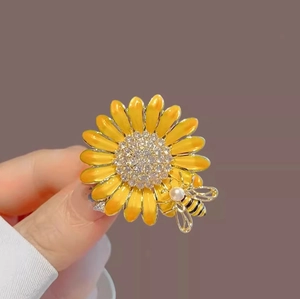 Élégante broche tournesol en émail avec petite abeille et perles pour femmes