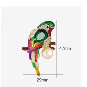 Luxury parrot brooch with colorful enamel pearls and green stone, 47mm height size