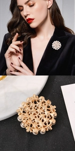 Macro detail of elegant floral pearl brooch with rhinestone accents and back pin structure