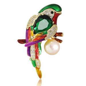 Exquisite parrot brooch with green gemstone and colorful enamel on a gold base