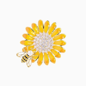 Broche tournesol et abeille en émail avec zircons étincelants et perles fines