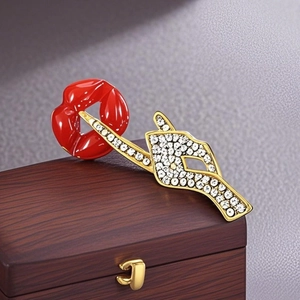 Fashion Zinc Alloy Red Lip Hand Gesture Brooch With Rhinestone Enamel Creative Lapel Pin For Suit Coat Women Jewelry