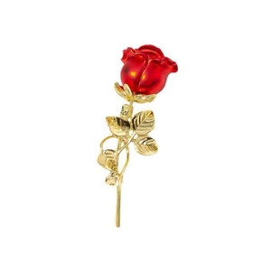 Exquise broche rose en émail rouge avec tige et feuille dorées pour costumes de femmes