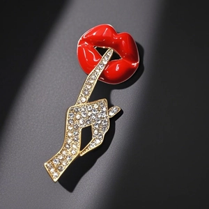 Artistic red lips and rhinestone hand brooch pin for suits with pop art silent gesture