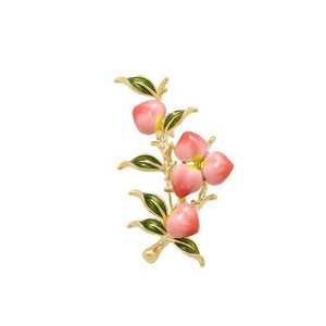 Elegant peach fruit brooch with pink enamel fruits and green leaves on gold branches