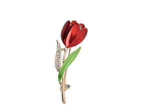 Detailansicht der Tulpenbrosche mit rotem Emaille und funkelnden Kristallakzenten