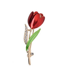 Eleganter Tulpen-Brosche in rotem Emaille mit Goldstiel und funkelnden Kristallen
