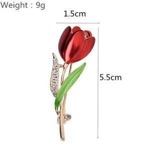 Eleganter Gold-Tulpen-Anstecknadel mit roten Blüten und Kristallen, 5,5 cm hoch