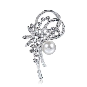Elegante Silber Plattierte Legierung Blumen Brosche Für Damen Große Imitationsperle Strass Narzisse Corsage Für Hochzeit Bankett