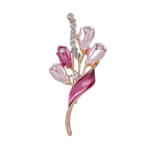 Eleganter Gold-Tulpen-Brosche mit Emaille-Blütenblättern, Perlen und funkelnden Strasssteinen