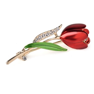 Eleganter Tulpen-Anstecker aus Gold mit roter Emaille und funkelnden weißen Kristallen