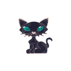 Spilla gatto in smalto nero con scintillanti occhi in strass verdi e bordo dorato