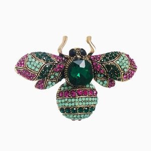 Vintage gold crystal bee brooch with emerald green gem and multi-color rhinestones