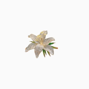 Luxury crystal lily flower brooch featuring sparkling white rhinestones and green leaves