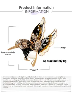 Tableau détaillé des tailles pour la broche colibri avec strass et émail coloré