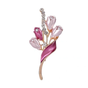 Eleganter Tulpen-Brosche mit Emaille, Perlen und Kristallen auf vergoldeter Legierung