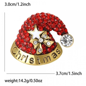 Broche bonnet de Noël étincelante avec strass rouges et étoiles, taille 3,7x3,0cm