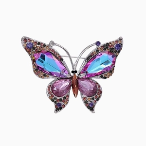 Vintage aurora purple butterfly brooch with multi-color rhinestones in silver finish