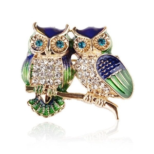Vintage Zinc Alloy Double Owl Brooch Gold Plated Enamel Rhinestone Tree Branch Bird Pin Fashion Animal Jewelry For Women