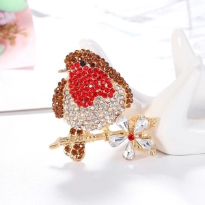 Exquisite gold robin bird brooch with red rhinestones on floral branch accessory